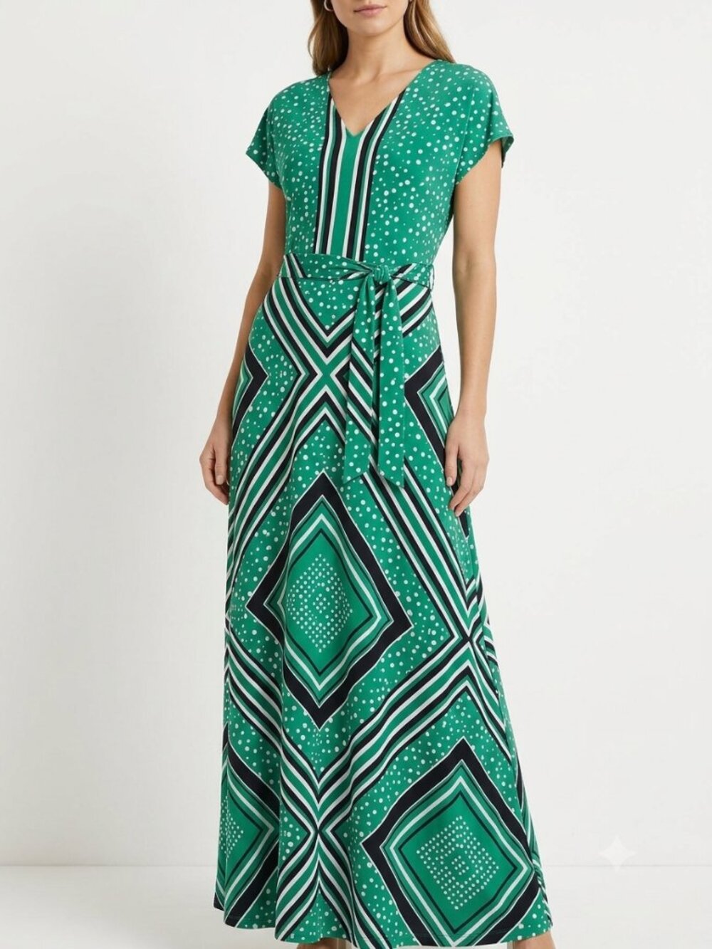London Times Green, Navy, & White Geometric & Polka Dot Maxi Dress, 6